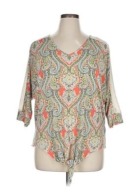 Dressbarn Roz & Ali Pink Paisley Tie Front V-Neck Lace Short Sleeve Top Blouse